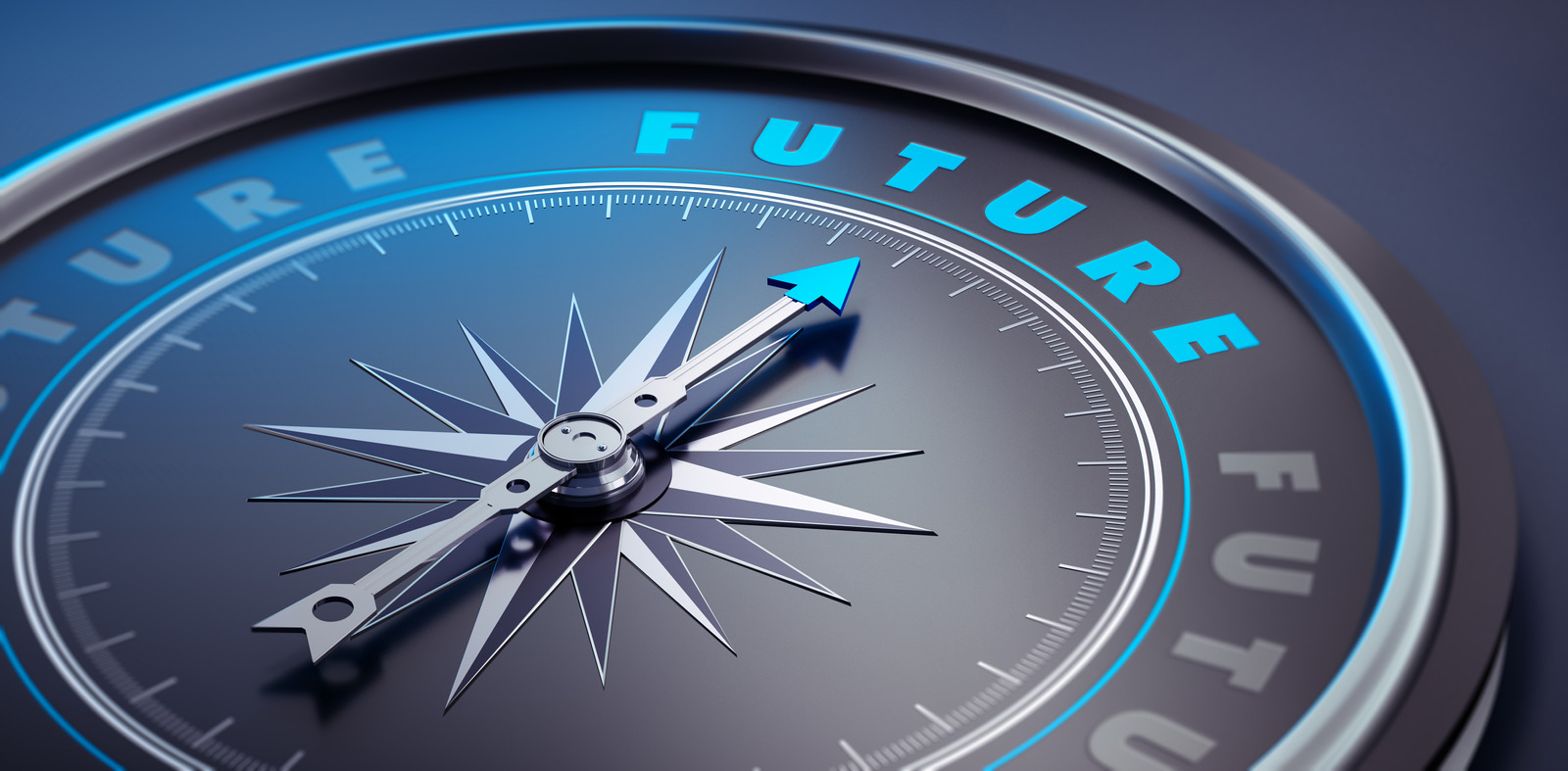 Dunkler Kompass mit Nadel auf das Wort Future gerichtet